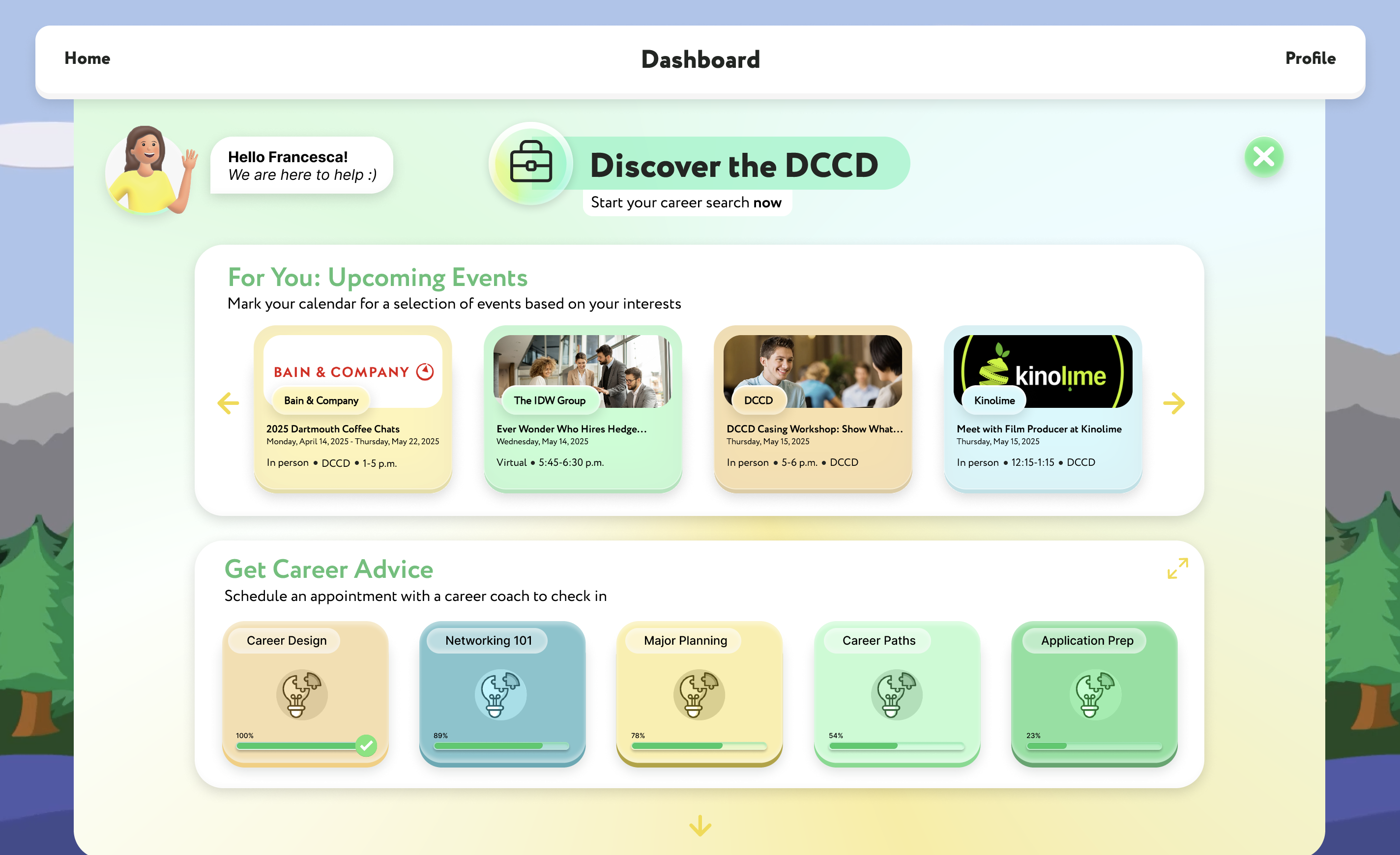 DartWorld dashboard with events and career advice