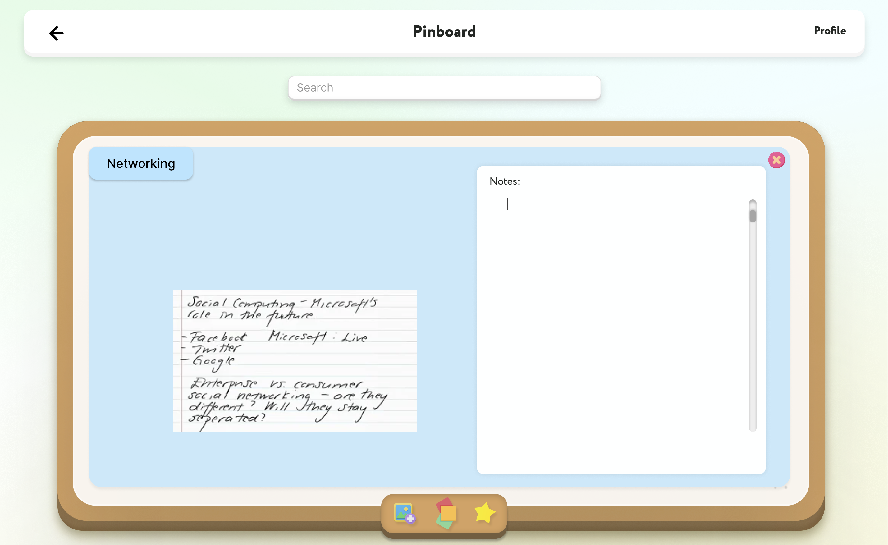 Pinboard entry detail with handwritten notes