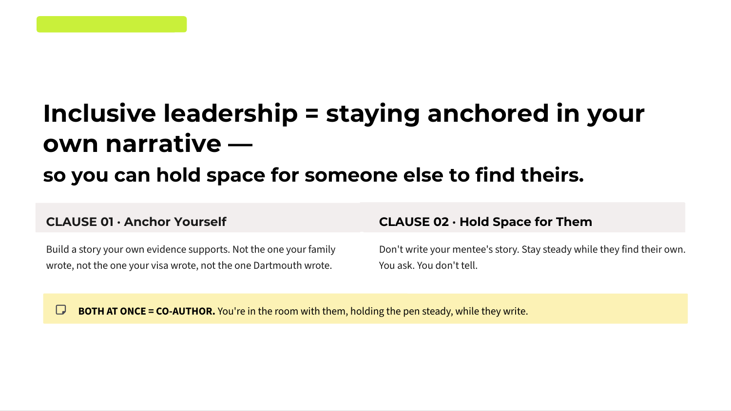 Slide 15: The reframe. Inclusive leadership in two clauses.